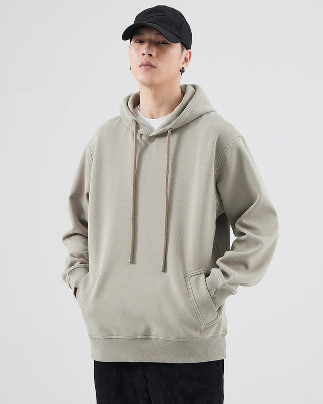 Spring And Autumn Velvet Padded Hooded Sweatshirt Men's Solid Color Pullover Hoodie Jacket