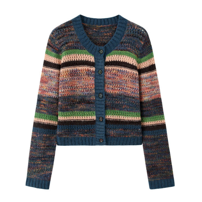 Women's Top Gradient Rainbow Striped Long-sleeve Cardigan Sweater