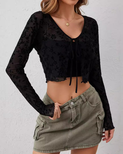 European And American Elegant Women's Transparent Mesh Flocking Front Lace-up Top