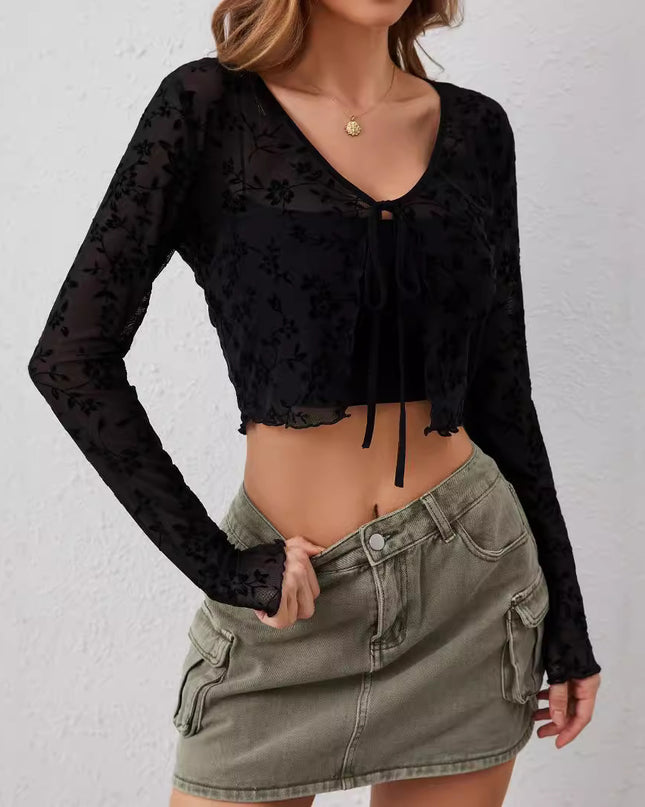 European And American Elegant Women's Transparent Mesh Flocking Front Lace-up Top