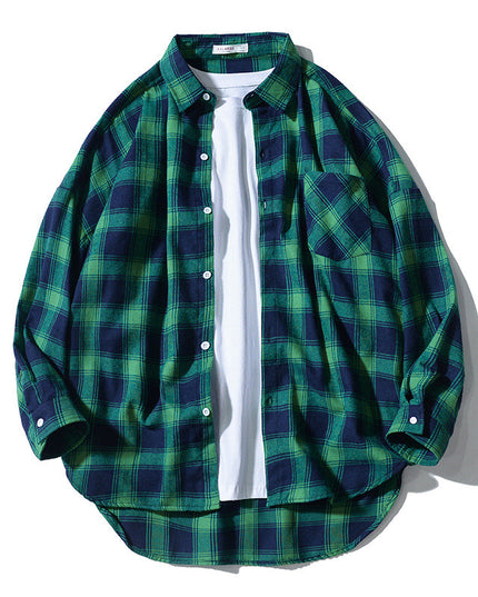 Japanese Style Plaid Long Sleeve Shirt Men Loose-fitting Workwear Jacket