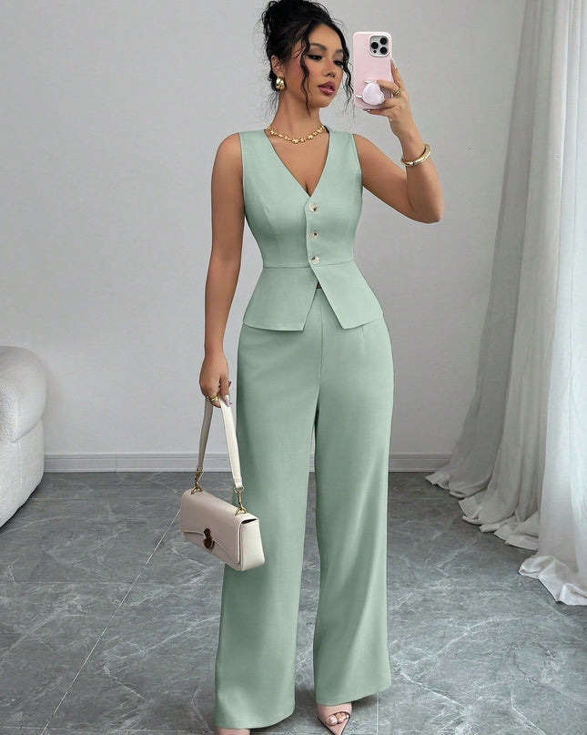 Solid Color Sleeveless Slim Fit Vest High Waist Trousers Two-piece Set