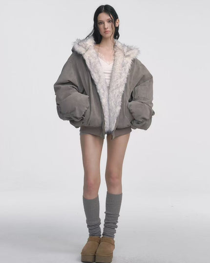 Gray Double-sided Dyed Pointed Fur Vintage Cotton-padded Jacket Coat