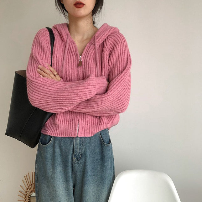 Korean Simple Short Hood Cardigan Wool Sunken Stripe