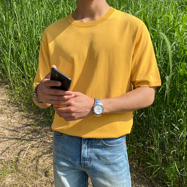 Ice Silk Knitted Short Sleeve T-shirt Men's Korean Style Sweater