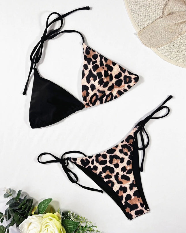Women's Leopard Print Split Swimsuit Halter Lace-up Bikini Suit