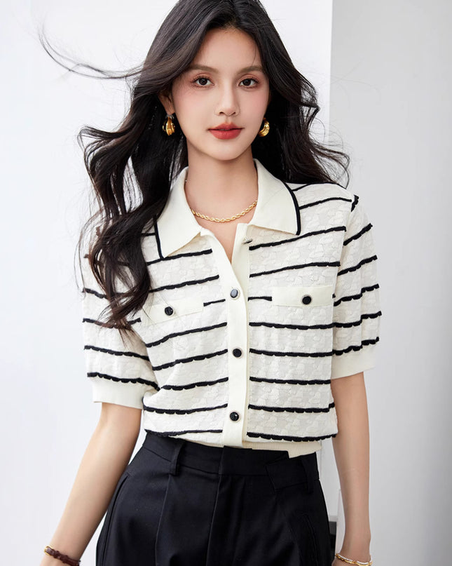 Elegant Polo Collar Striped Women's Contrast Colors Slimming Knitted Short Sleeve
