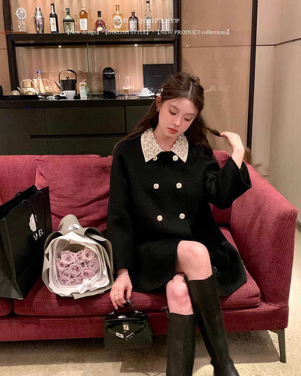 Women's Double-faced Woolen Goods Artificial Wool Black Coat