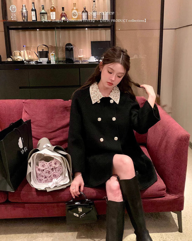 Women's Double-faced Woolen Goods Artificial Wool Black Coat