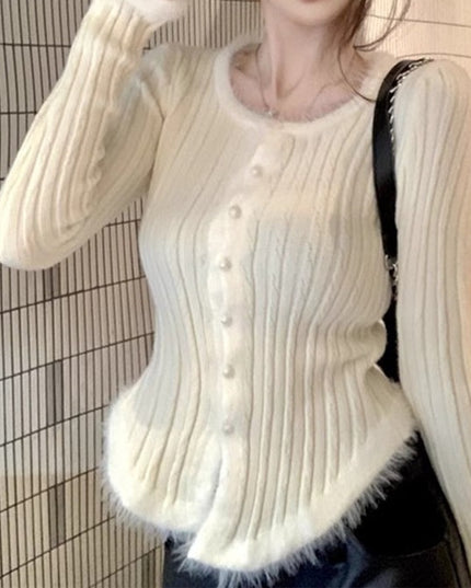 Women's Square Collar Stitching Edging Knitted Cardigan Autumn Winter Coat