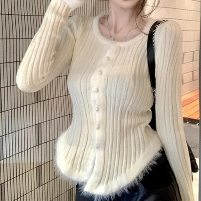 Women's Square Collar Stitching Edging Knitted Cardigan Autumn Winter Coat