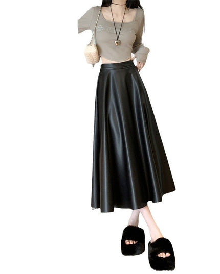 Leather Medium Length Simple A- Line Umbrella Skirt