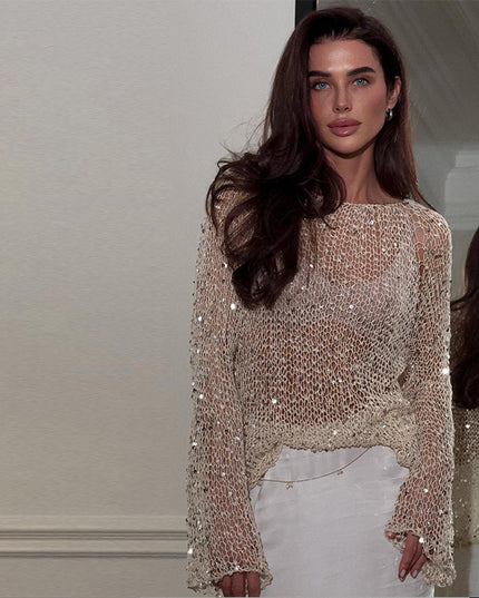 Sequined Hollow-out Long-sleeved Top Casual Style Loose Knitted