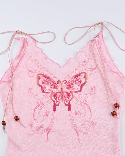 American Texture Butterfly Print Lace-up Vest Outer Wear Base Tight Edge V-neck Small Sling