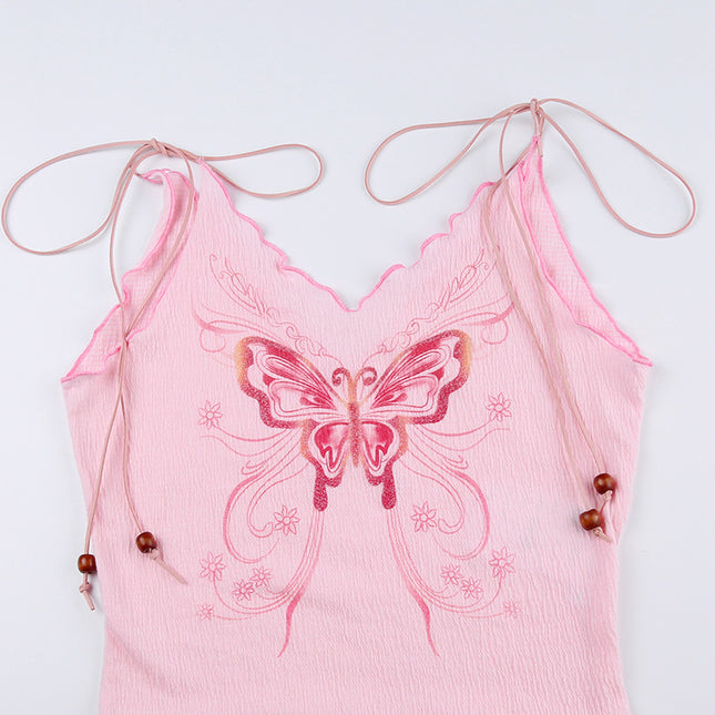 American Texture Butterfly Print Lace-up Vest Outer Wear Base Tight Edge V-neck Small Sling
