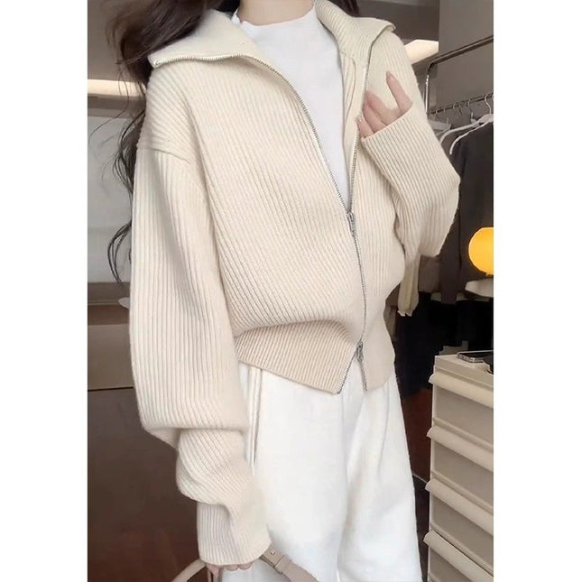 Hong Kong Style Design Double Zipper Knitted Cardigan Fashion Casual Jacket