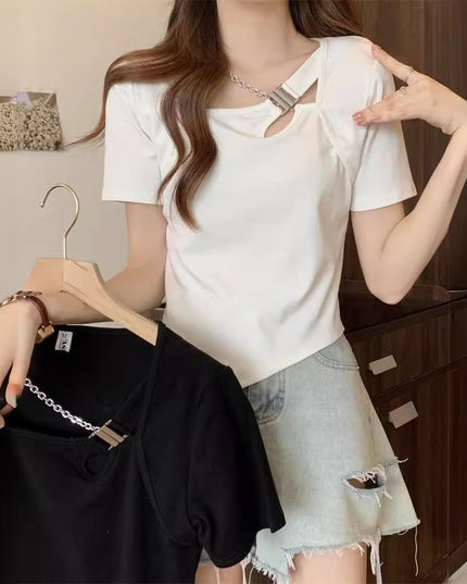 Slim Fit And Thin Cover Belly Hot Girl Irregular Short-sleeved T-shirt For Women