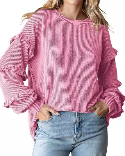 Women's Lantern Sleeve Round Neck Lace Sleeve Top