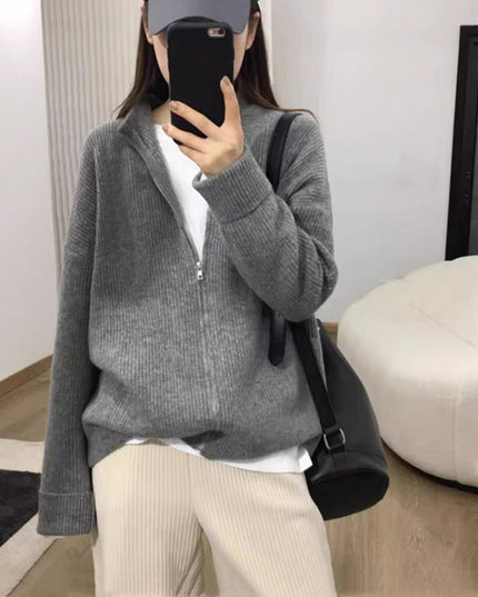New Outdoor Idle Style Solid Color Zipper Knitted Cardigan Top