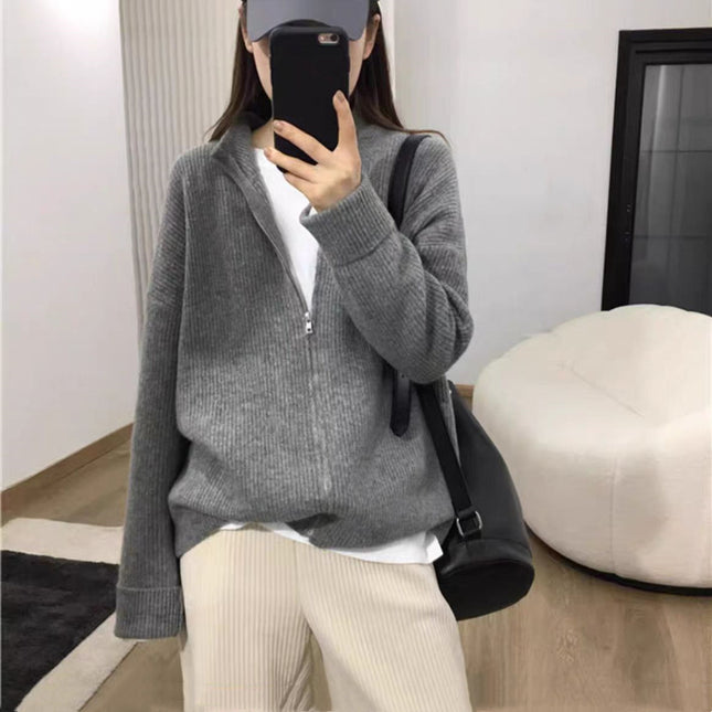 New Outdoor Idle Style Solid Color Zipper Knitted Cardigan Top