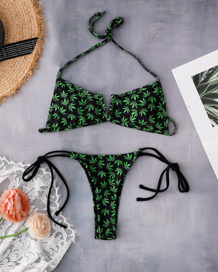 Women's Swimsuit Leaf Print Underwire Gathers Sexy Bikini