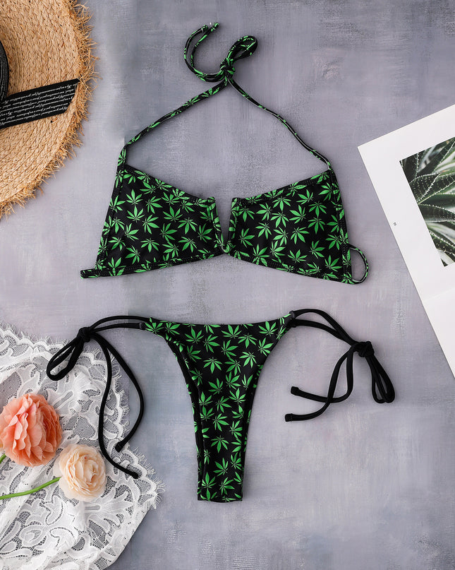 Women's Swimsuit Leaf Print Underwire Gathers Sexy Bikini