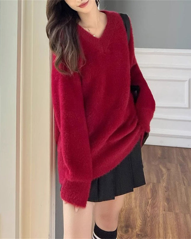 New Gentle Soft Glutinous Sweater Women's V-neck Imitated Mink